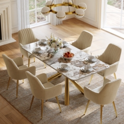 180 cm Modern Stone Top Rectangle Dining Table with Stainless Steel Trestle