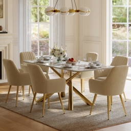 180 cm Modern Stone Top Rectangle Dining Table with Stainless Steel Trestle - thumbnail 2