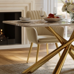 180 cm Modern Stone Top Rectangle Dining Table with Stainless Steel Trestle - thumbnail 6