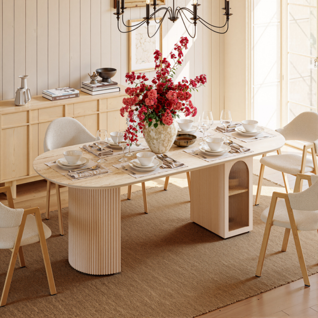 180cm Faux Travertine Oval Dining Table with Fluted Base & Storage - image 1