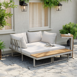 4 Seater Modular Outdoor Acacia Sectional Sofa Set with Cushion and Table, 3 PCS Versatile L-Shaped Garden Lounge Sofa Patio Furniture Set - thumbnail 6