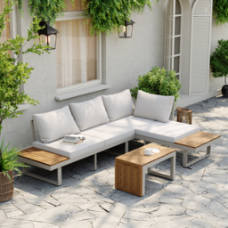 4 Seater Modular Outdoor Acacia Sectional Sofa Set with Cushion and Table, 3 PCS Versatile L-Shaped Garden Lounge Sofa Patio Furniture Set - thumbnail 1