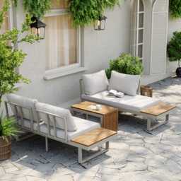 4 Seater Modular Outdoor Acacia Sectional Sofa Set with Cushion and Table, 3 PCS Versatile L-Shaped Garden Lounge Sofa Patio Furniture Set - thumbnail 4