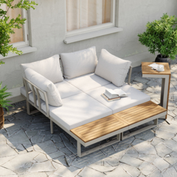 4 Seater Modular Outdoor Acacia Sectional Sofa Set with Cushion and Table, 3 PCS Versatile L-Shaped Garden Lounge Sofa Patio Furniture Set - thumbnail 5