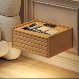 Wooden Floating Nightstand Modern Bedside Table with Charging Station - thumbnail 1