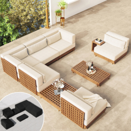 9-Pieces Versatile Whole Teak Luxury Modular L-Shaped Outdoor Patio Sectional Sofa Set in Beige with Coffee Table and Cushions - thumbnail 5