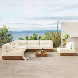9-Pieces Versatile Whole Teak Luxury Modular L-Shaped Outdoor Patio Sectional Sofa Set in Beige with Coffee Table and Cushions - thumbnail 2