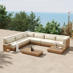 9-Pieces Versatile Whole Teak Luxury Modular L-Shaped Outdoor Patio Sectional Sofa Set in Beige with Coffee Table and Cushions - thumbnail 3