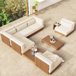 9-Pieces Versatile Whole Teak Luxury Modular L-Shaped Outdoor Patio Sectional Sofa Set in Beige with Coffee Table and Cushions - thumbnail 1