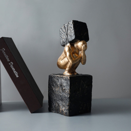 Black & Gold Resin Thinker with Heavy Stone Sculpture Figure Person Statue Ornament Art - thumbnail 2