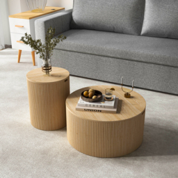 "16"" Japandi Round Wood Coffee Table with Storage in Natural" - thumbnail 2