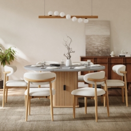 Modern Natural Boucle Dining Chair with Rubber Wood Legs, 1 Piece - thumbnail 4