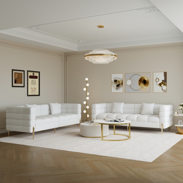 Axial 2000 mm Leather Fluted Sofa with Gold Legs & Pillows Set of 2 - image 1