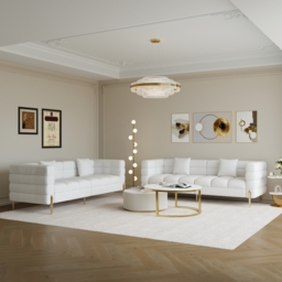 Axial 2000 mm Leather Fluted Sofa with Gold Legs & Pillows Set of 2 - thumbnail 1
