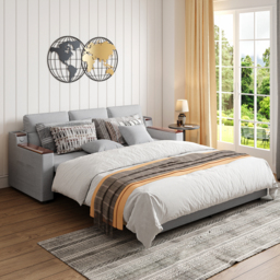 King Size Daybed with Trundle Linen Pull Out Sofa Bed - thumbnail 3