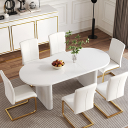 160 - 200 cm Oval Extendable Warm White Dining Table Butterfly Leaf 4-6 Seater - thumbnail 2