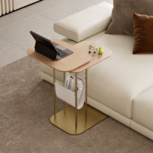 Modern Small C Shaped Rotating Side Table Natural Wood Bedside Table with Storage End Tables - image 1