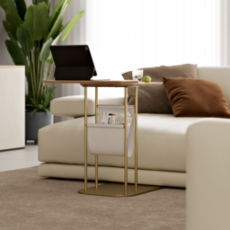Modern Small C Shaped Rotating Side Table Natural Wood Bedside Table with Storage End Tables - thumbnail 6
