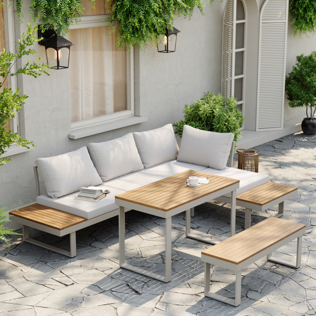 4 PCS Modular Outdoor  Acacia Sectional Sofa Set with Cushion and Side Table, 4 PCS Versatile L-Shaped Modular Sectional Sofa Set for Patio&Yard - image 1