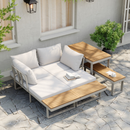4 PCS Modular Outdoor  Acacia Sectional Sofa Set with Cushion and Side Table, 4 PCS Versatile L-Shaped Modular Sectional Sofa Set for Patio&Yard - thumbnail 3