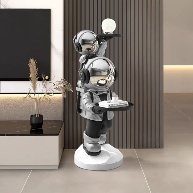 Silver Astronaut Side Table Floor Sculpture Modern End Table with Tray Top - image 1