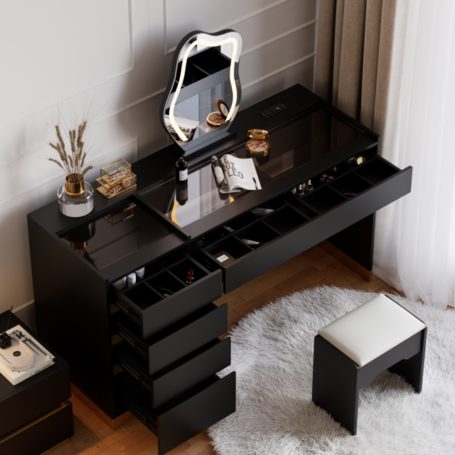 Modern Black Dressing Table with Chair with Lighted Vanity Mirror & Charging Station & Jewellery Storage Dressing Table - image 1