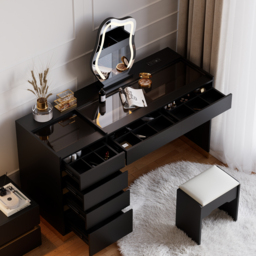 Modern Black Dressing Table with Chair with Lighted Vanity Mirror & Charging Station & Jewellery Storage Dressing Table - thumbnail 1