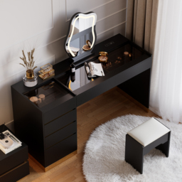 Modern Black Dressing Table with Chair with Lighted Vanity Mirror & Charging Station & Jewellery Storage Dressing Table - thumbnail 2