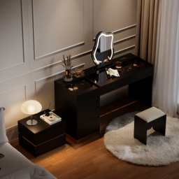 Modern Black Dressing Table with Chair with Lighted Vanity Mirror & Charging Station & Jewellery Storage Dressing Table - thumbnail 4