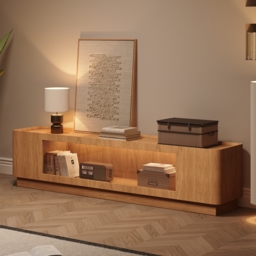 200 cm Glass Door TV Stand Mid Century Modern Wood Media Console with Storage & LED in Natural