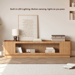 2000mm Glass Door TV Stand Mid Century Modern Wood Media Console with Storage & LED in Natural - thumbnail 8