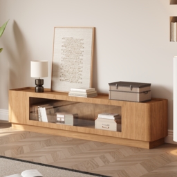 2000mm Glass Door TV Stand Mid Century Modern Wood Media Console with Storage & LED in Natural - thumbnail 3