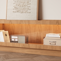 2000mm Glass Door TV Stand Mid Century Modern Wood Media Console with Storage & LED in Natural - thumbnail 7
