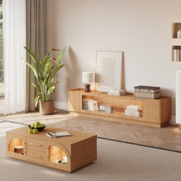 2000mm Glass Door TV Stand Mid Century Modern Wood Media Console with Storage & LED in Natural - thumbnail 5