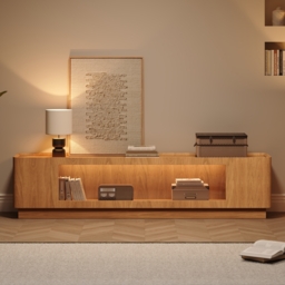 2000mm Glass Door TV Stand Mid Century Modern Wood Media Console with Storage & LED in Natural - thumbnail 2
