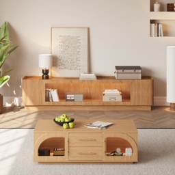 2000mm Glass Door TV Stand Mid Century Modern Wood Media Console with Storage & LED in Natural - thumbnail 4