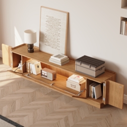 2000mm Glass Door TV Stand Mid Century Modern Wood Media Console with Storage & LED in Natural - thumbnail 6