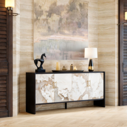 Modern 180 cm Sintered Stone Sideboard with Oak Wood Frame & Adjustable Shelves - thumbnail 2