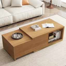 Mordel Extendable Up to 180 cm Rectangle Natural Coffee Table with 2 Drawers - thumbnail 3