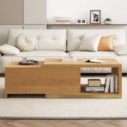 Mordel Extendable Up to 180 cm Rectangle Natural Coffee Table with 2 Drawers - thumbnail 2