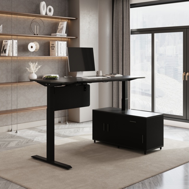 L Shaped Executive Office Desk Standing Desktop with 3 Doors & Drawer Black Office Furniture Right Hand (1600mm) - image 1
