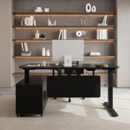 L Shaped Executive Office Desk Standing Desktop with 3 Doors & Drawer Black Office Furniture Right Hand (1600mm) - thumbnail 3