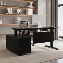Modern Black L-Desk Height Adjustable Electric Standing Desk with 3 Doors and Drawer