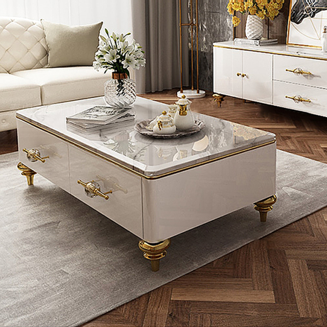 Modern 130 cm White Marble Coffee Table with 4 Drawers - image 1