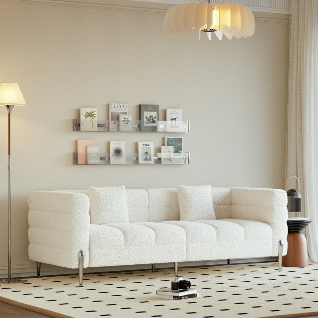 Homary 2000mm Modern White Boucle Upholstered Fluted 3 Seater Sofa for Living Room with pillow - image 1