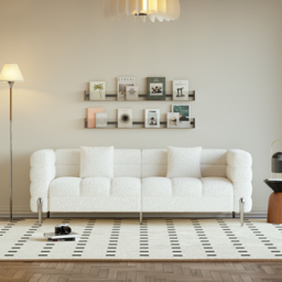 Homary 2000mm Modern White Boucle Upholstered Fluted 3 Seater Sofa for Living Room with pillow - thumbnail 2