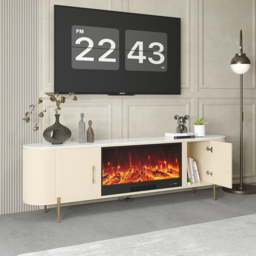 200 cm Modern Beige Electric Fireplace Storage TV Stand Sintered Stone Top with Remote Control - thumbnail 5