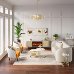 200 cm Modern Beige Electric Fireplace Storage TV Stand Sintered Stone Top with Remote Control - thumbnail 4