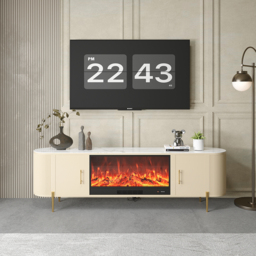 200 cm Modern Beige Electric Fireplace Storage TV Stand Sintered Stone Top with Remote Control