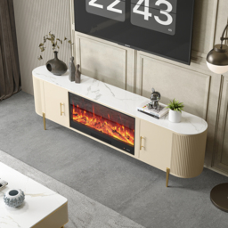 200 cm Modern Beige Electric Fireplace Storage TV Stand Sintered Stone Top with Remote Control - thumbnail 7